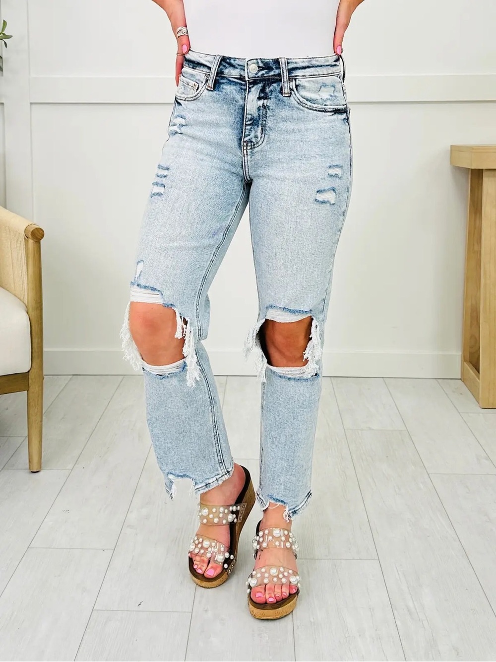 Ripped Light Blue Straight Leg Jeans for Women